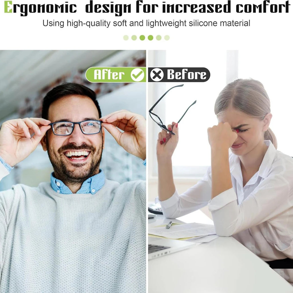 Before and after comparison of a person wearing glasses with ergonomic design for comfort.